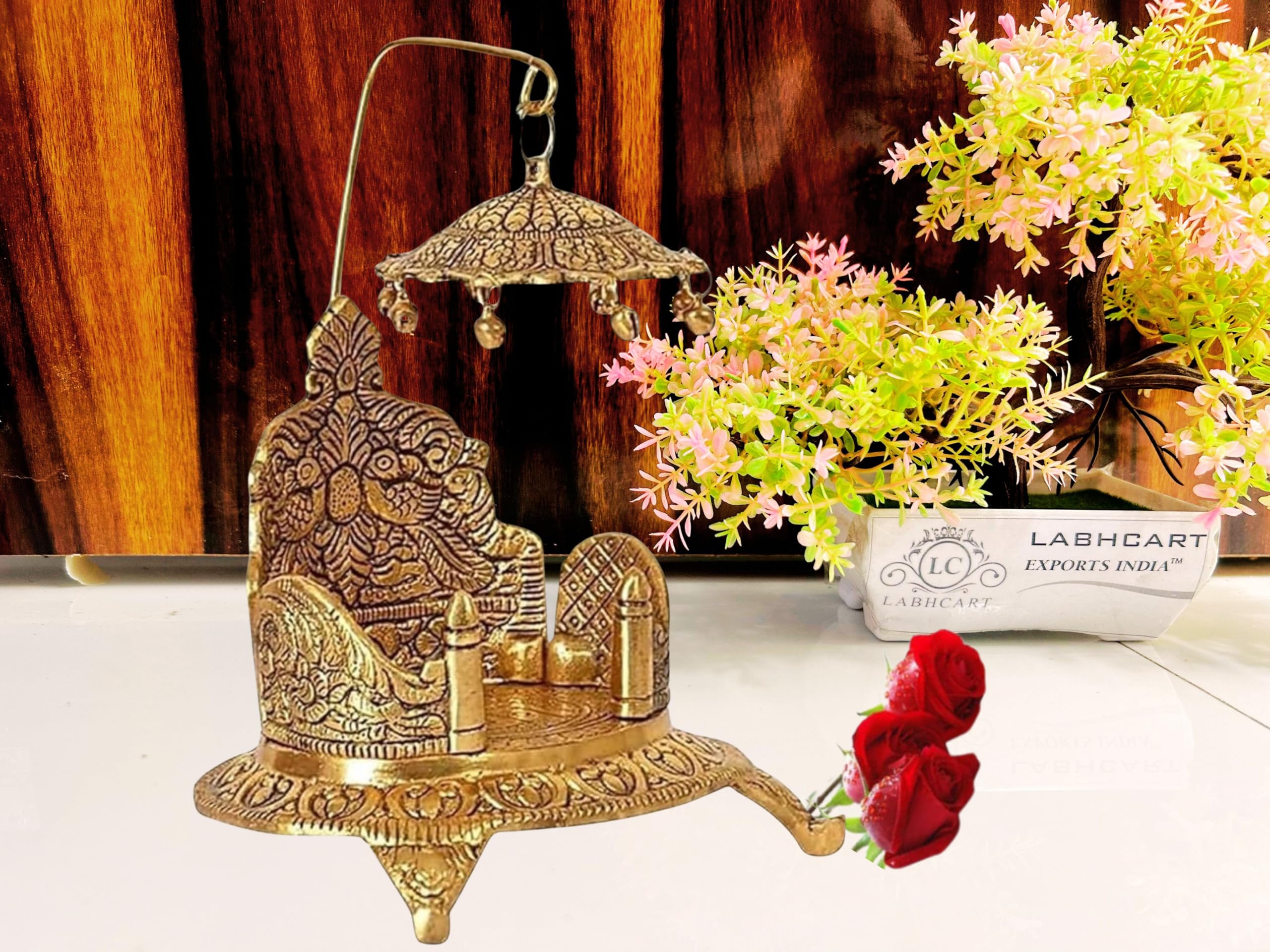 Labhcart Decorative Brass Singhasan Throne With Umbrella, Traditional Indian Temple Design, Antique Gold Finish